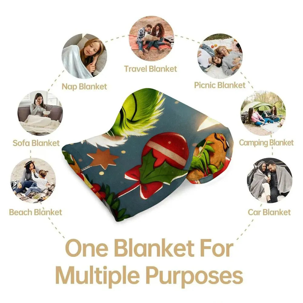 Festive Grinch And Gingerbread Cookie Christmas Art Pattern Multipurpose Throw Blanket