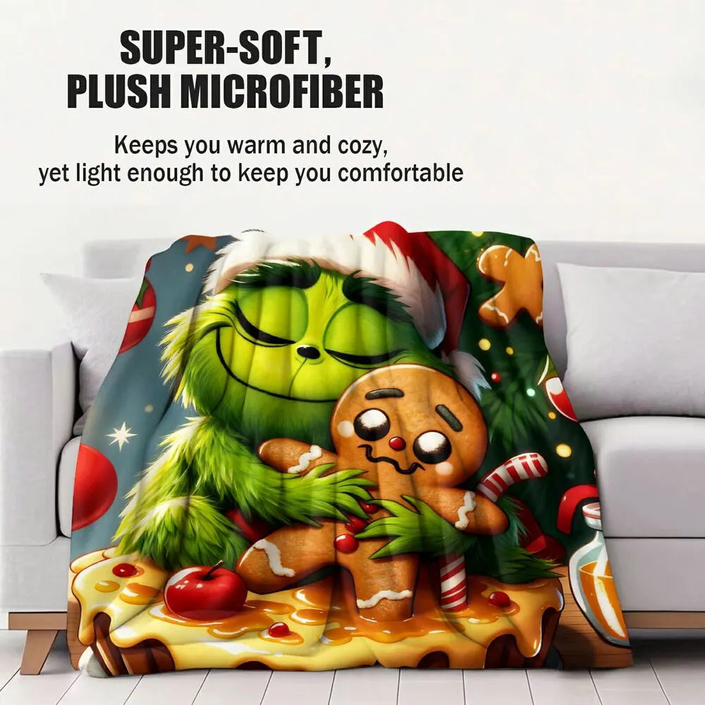 Festive Grinch And Gingerbread Cookie Christmas Art Pattern Multipurpose Throw Blanket