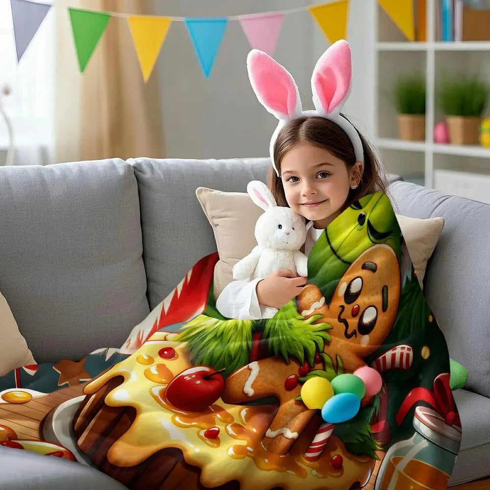 Festive Grinch And Gingerbread Cookie Christmas Art Pattern Multipurpose Throw Blanket