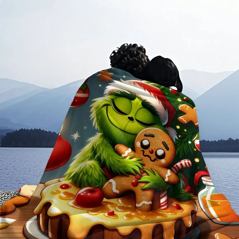 Festive Grinch And Gingerbread Cookie Christmas Art Pattern Multipurpose Throw Blanket
