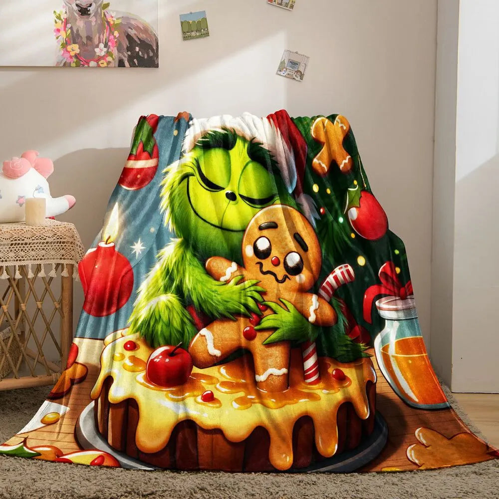 Festive Grinch And Gingerbread Cookie Christmas Art Pattern Multipurpose Throw Blanket