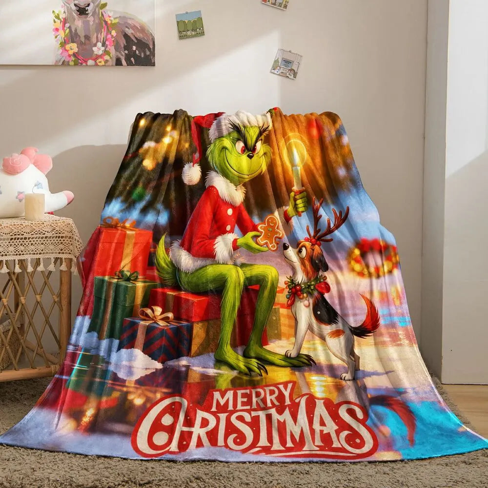 Festive Grinch And Max Merry Christmas Colorful Pattern Multipurpose Throw Blanket