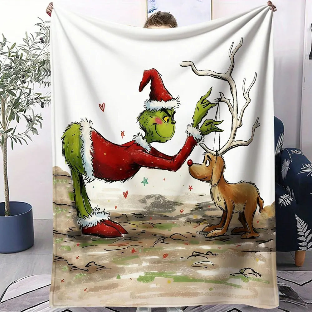 Festive Grinch And Max Reindeer Christmas White Pattern Multipurpose Throw Blanket