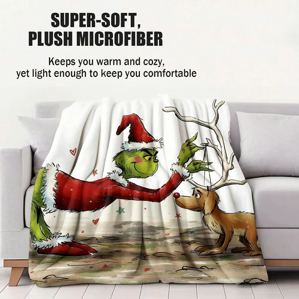 Festive Grinch And Max Reindeer Christmas White Pattern Multipurpose Throw Blanket