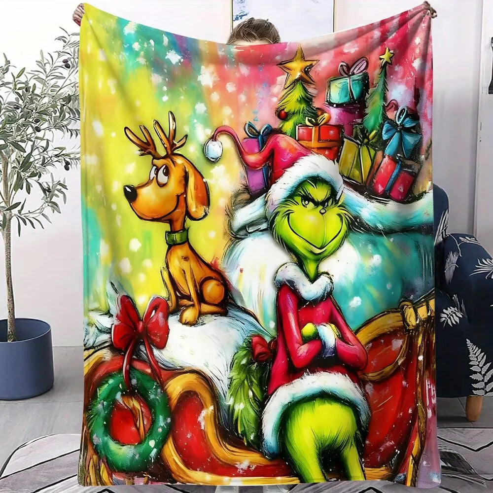 Festive Grinch And Max Sleigh Christmas Colorful Pattern Multipurpose Throw Blanket
