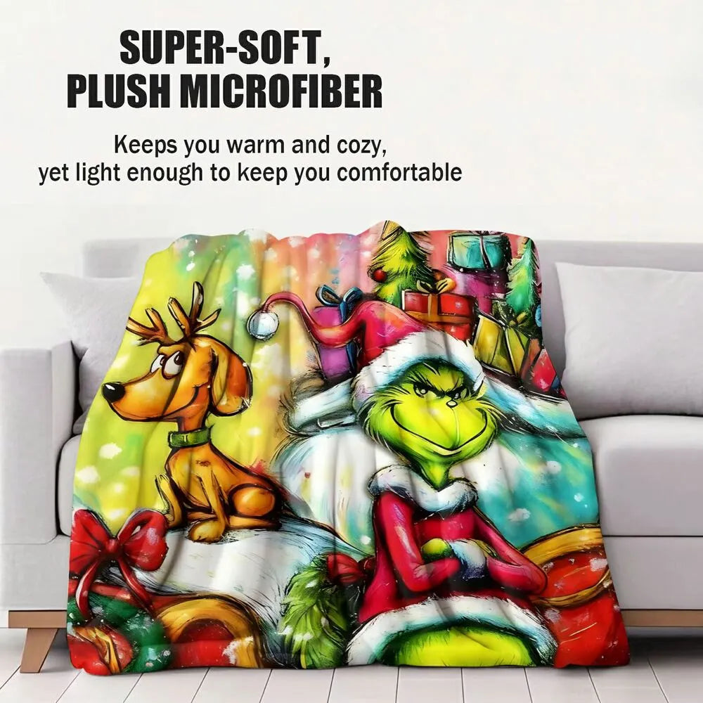 Festive Grinch And Max Sleigh Christmas Colorful Pattern Multipurpose Throw Blanket