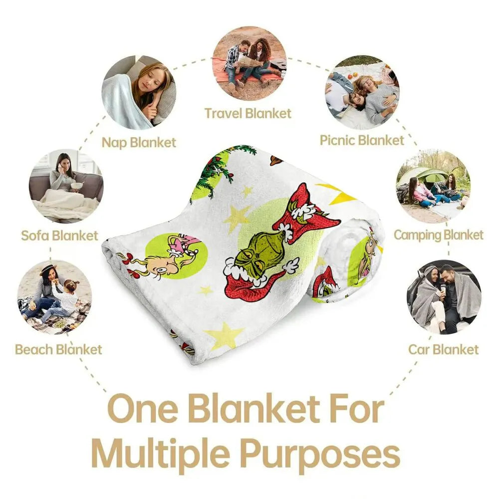 Festive Grinch Characters Collage White Pattern Multipurpose Throw Blanket