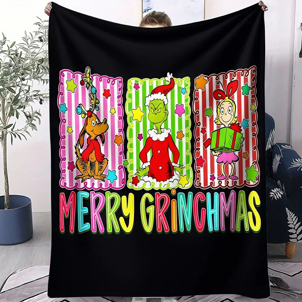 Festive Grinch Characters Merry Grinchmas Black Pattern Multipurpose Throw Blanket