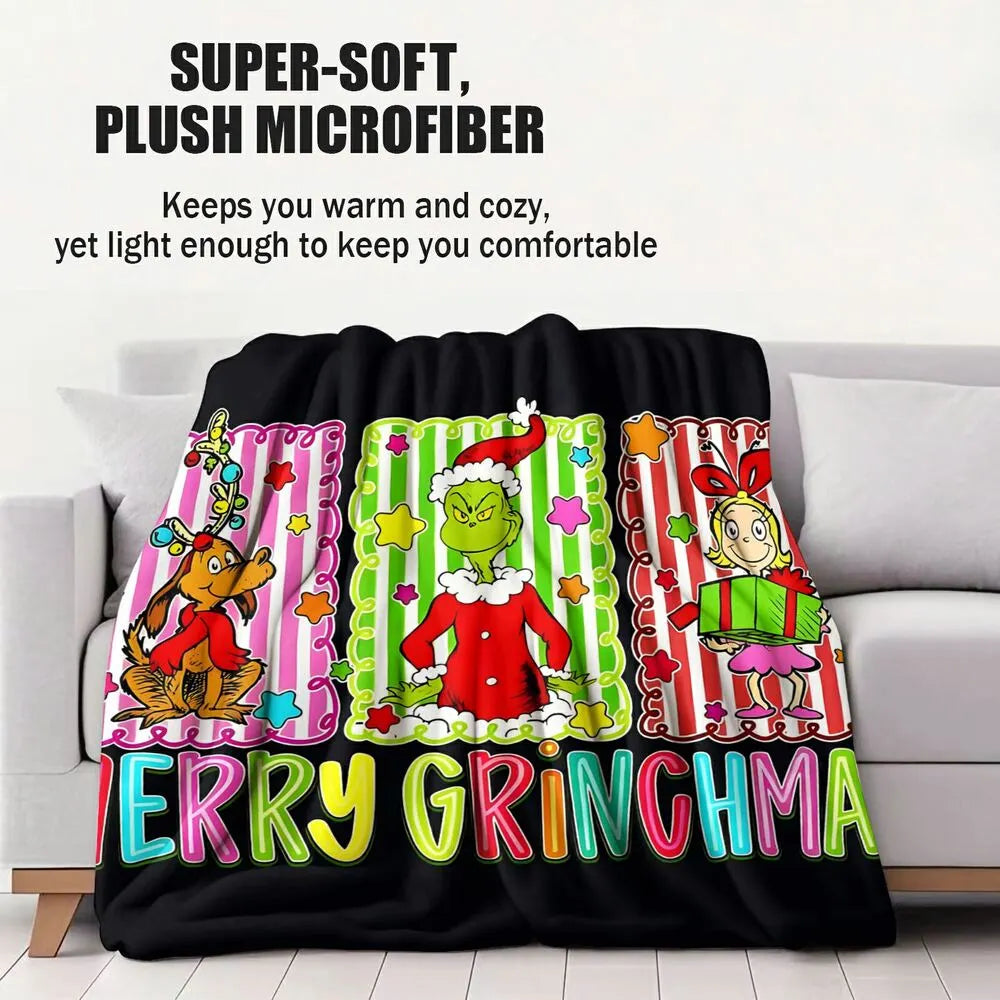 Festive Grinch Characters Merry Grinchmas Black Pattern Multipurpose Throw Blanket