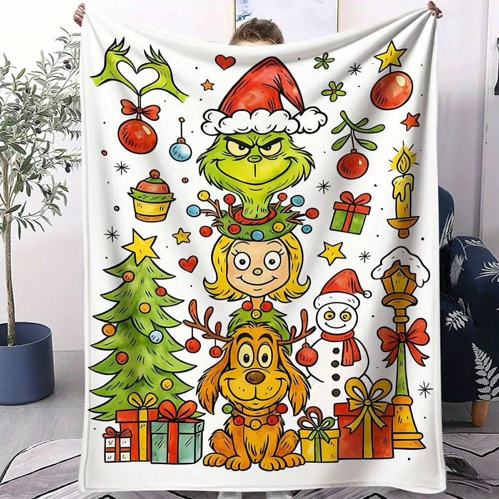 Festive Grinch Characters Stack Christmas White Pattern Multipurpose Throw Blanket