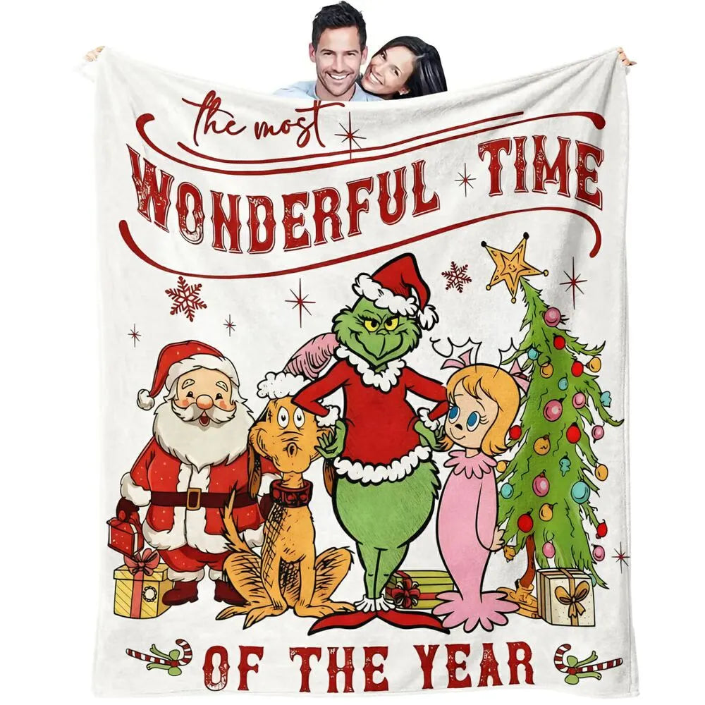 Festive Grinch Characters Wonderful Time Of The Year White Pattern Multipurpose Throw Blanket