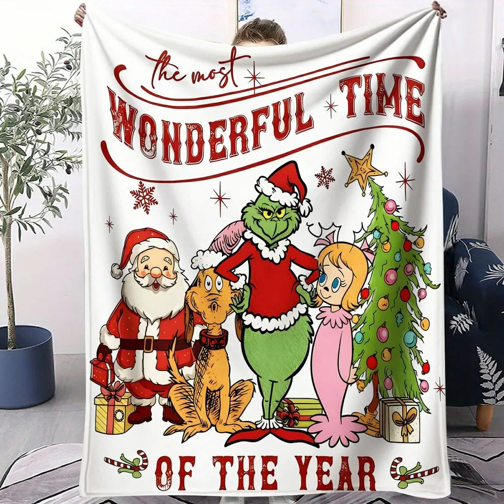 Festive Grinch Characters Wonderful Time Of The Year White Pattern Multipurpose Throw Blanket