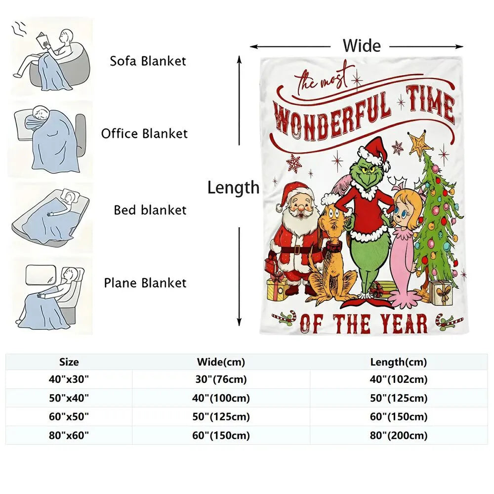 Festive Grinch Characters Wonderful Time Of The Year White Pattern Multipurpose Throw Blanket