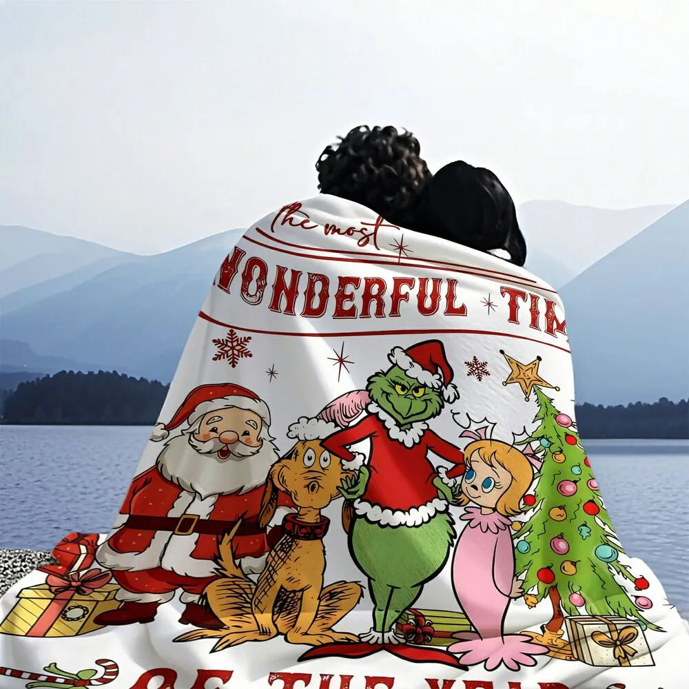 Festive Grinch Characters Wonderful Time Of The Year White Pattern Multipurpose Throw Blanket