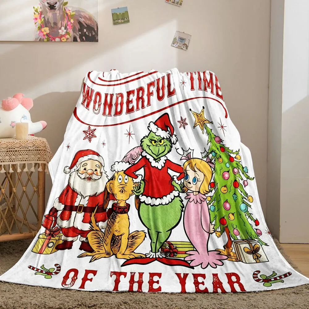 Festive Grinch Characters Wonderful Time Of The Year White Pattern Multipurpose Throw Blanket