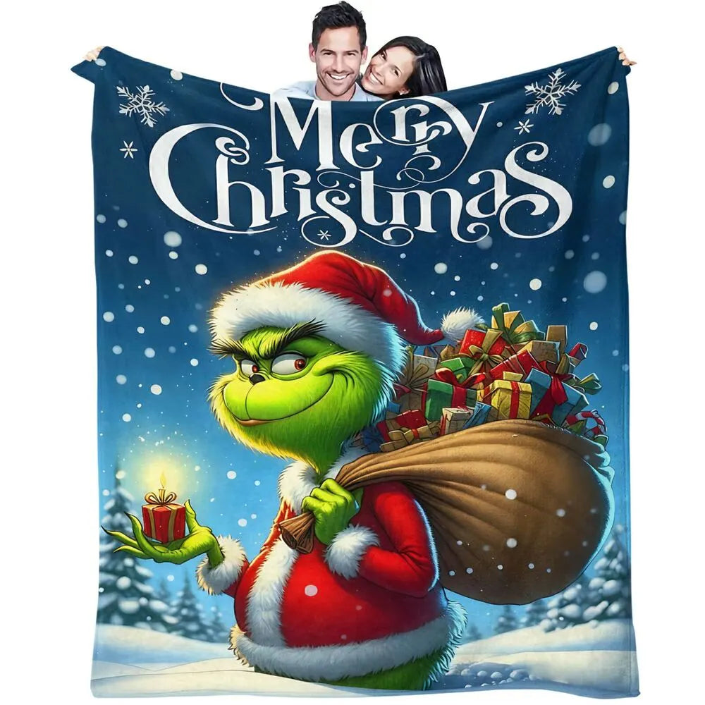 Festive Grinch Christmas Gift Bag Blue Pattern Multipurpose Throw Blanket