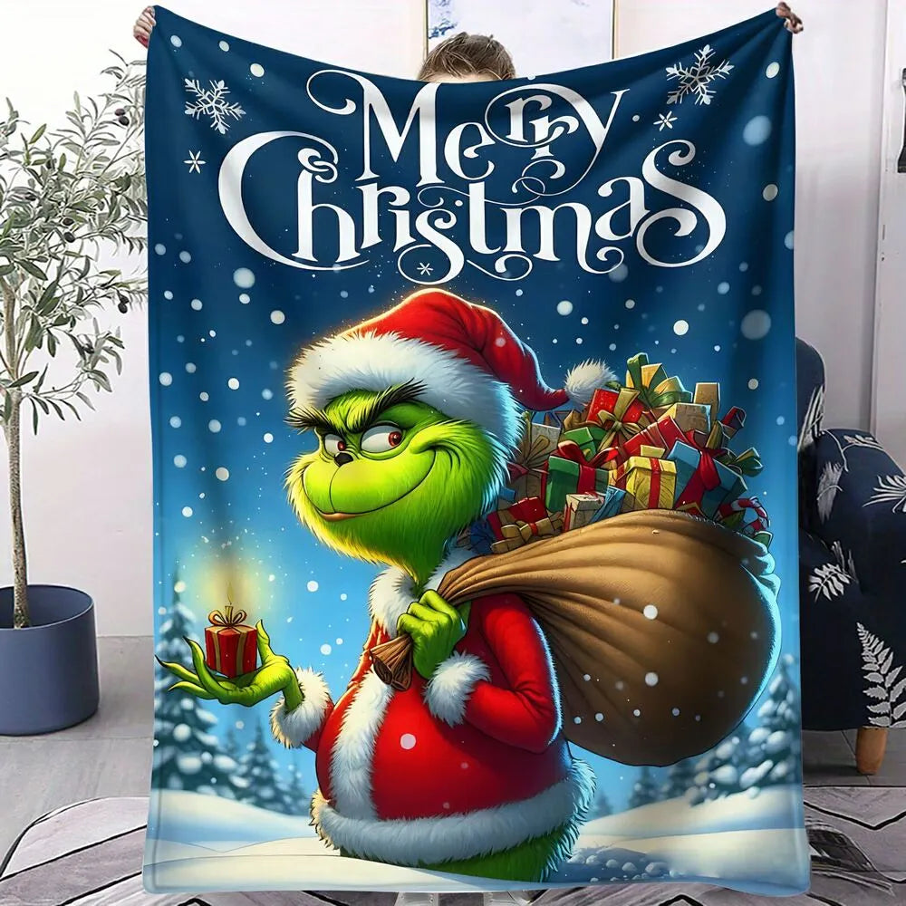 Festive Grinch Christmas Gift Bag Blue Pattern Multipurpose Throw Blanket