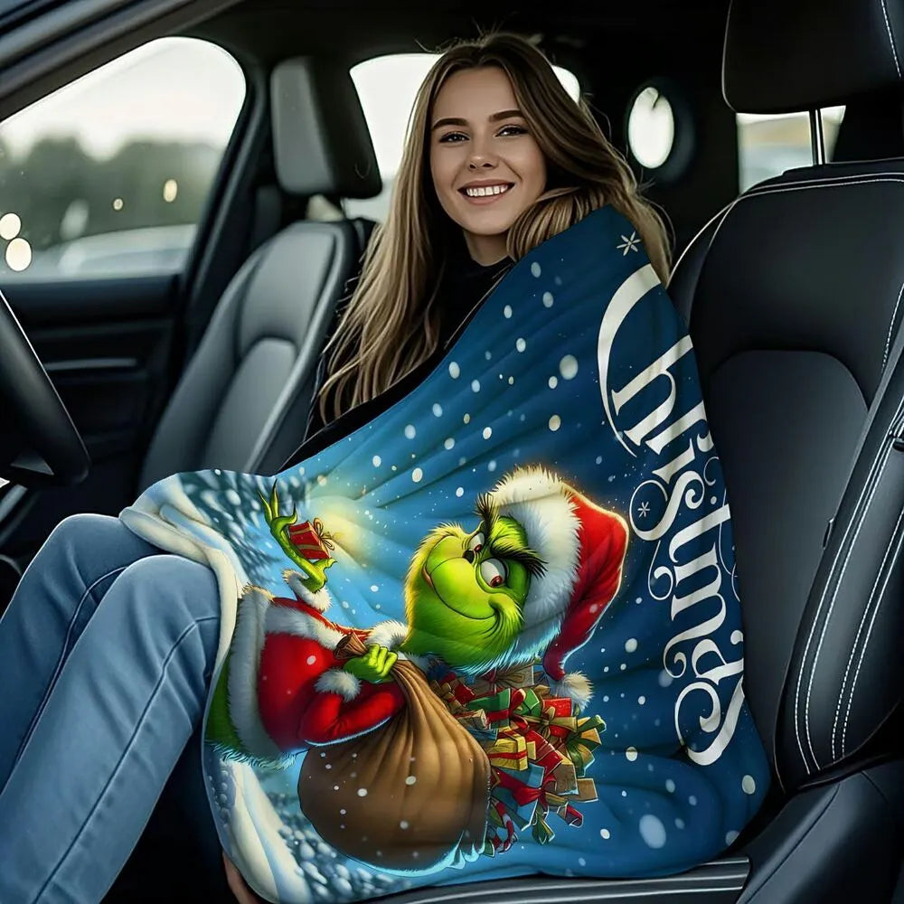 Festive Grinch Christmas Gift Bag Blue Pattern Multipurpose Throw Blanket