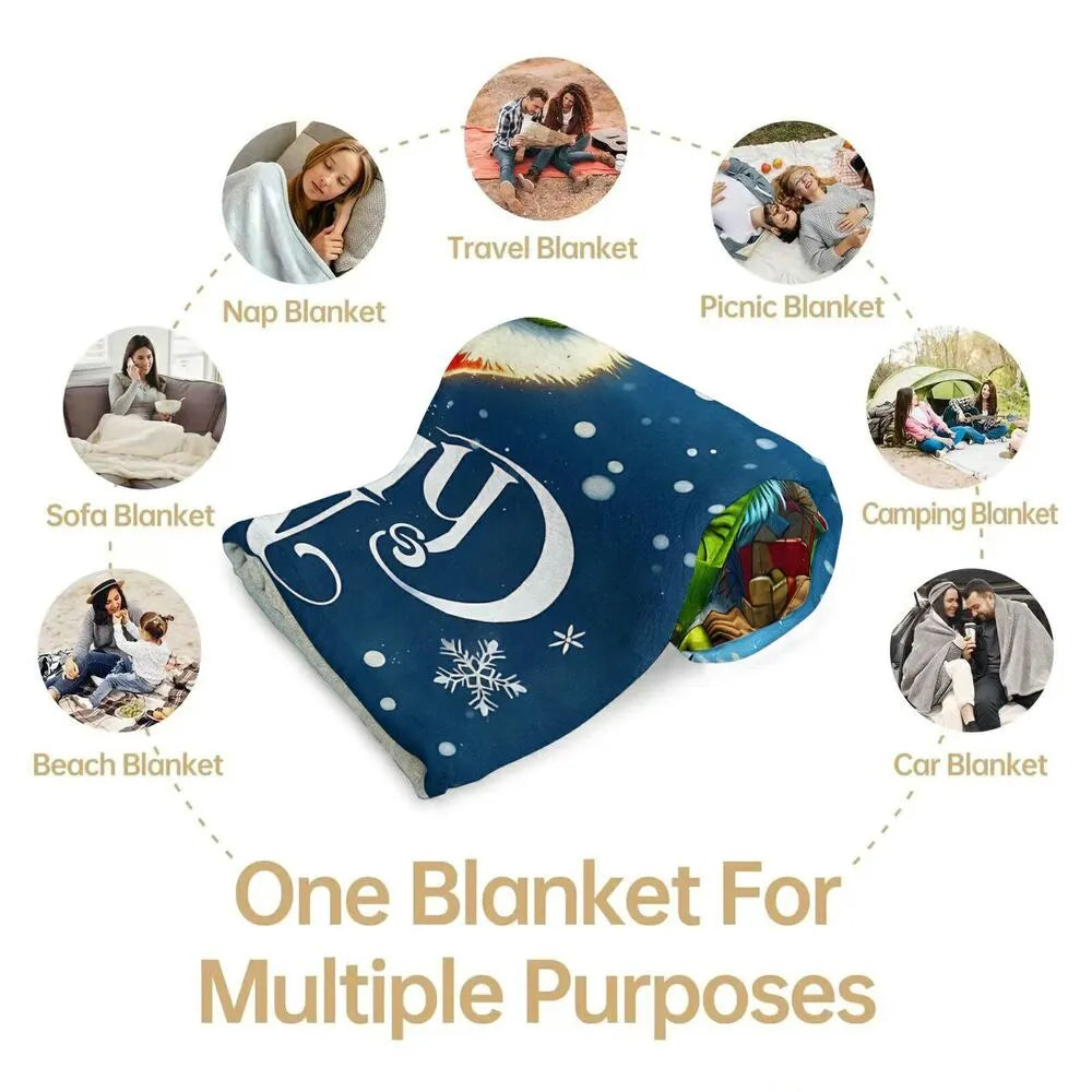 Festive Grinch Christmas Gift Bag Blue Pattern Multipurpose Throw Blanket