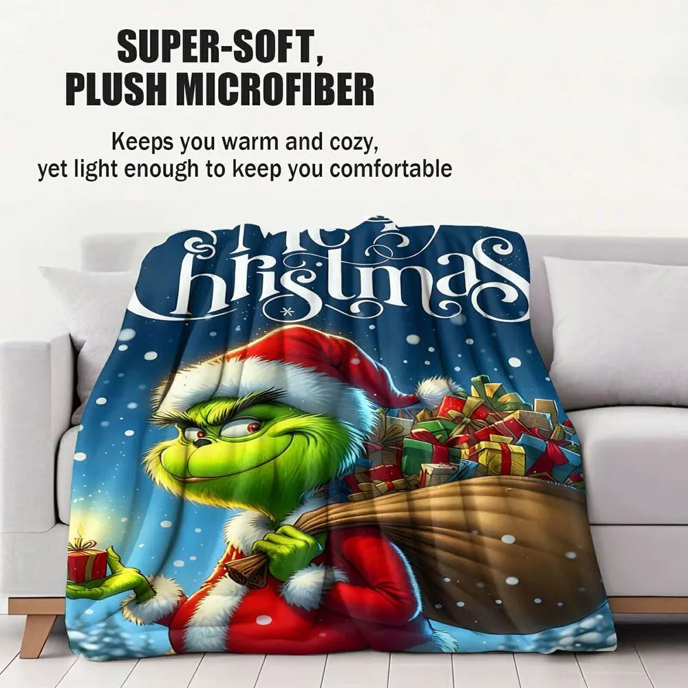 Festive Grinch Christmas Gift Bag Blue Pattern Multipurpose Throw Blanket