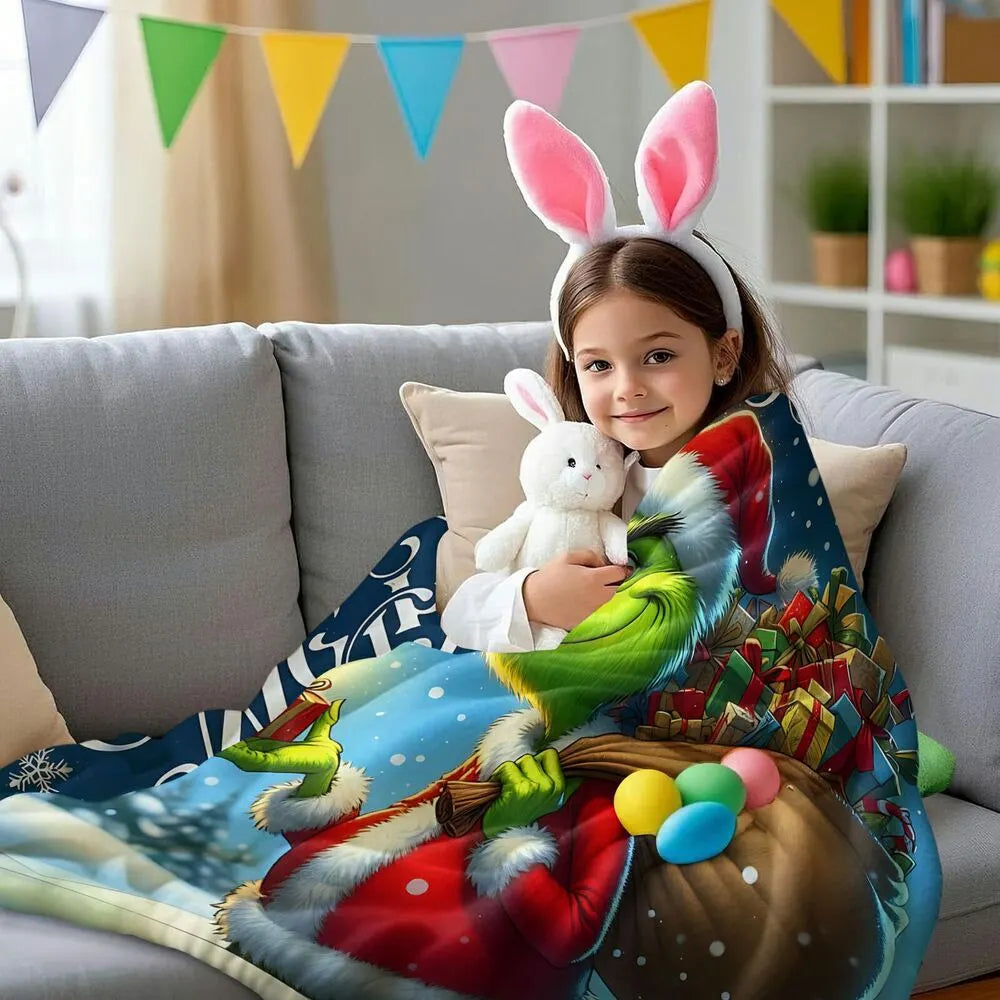 Festive Grinch Christmas Gift Bag Blue Pattern Multipurpose Throw Blanket