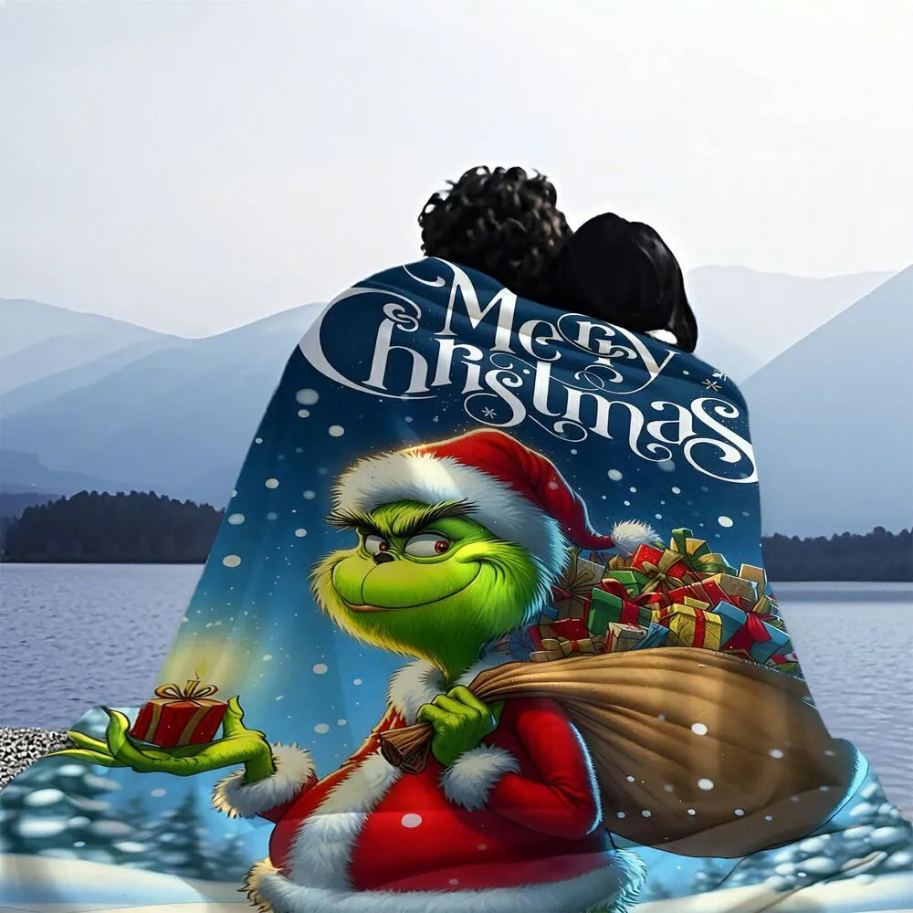 Festive Grinch Christmas Gift Bag Blue Pattern Multipurpose Throw Blanket