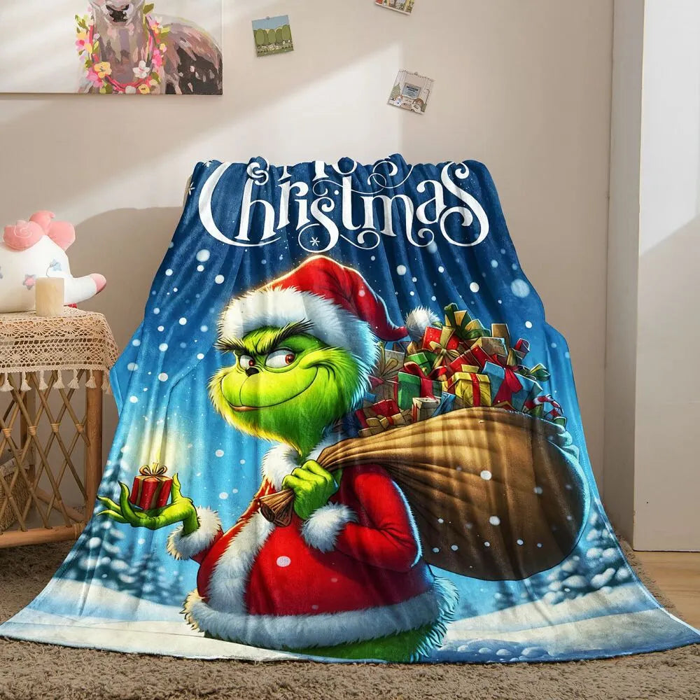 Festive Grinch Christmas Gift Bag Blue Pattern Multipurpose Throw Blanket