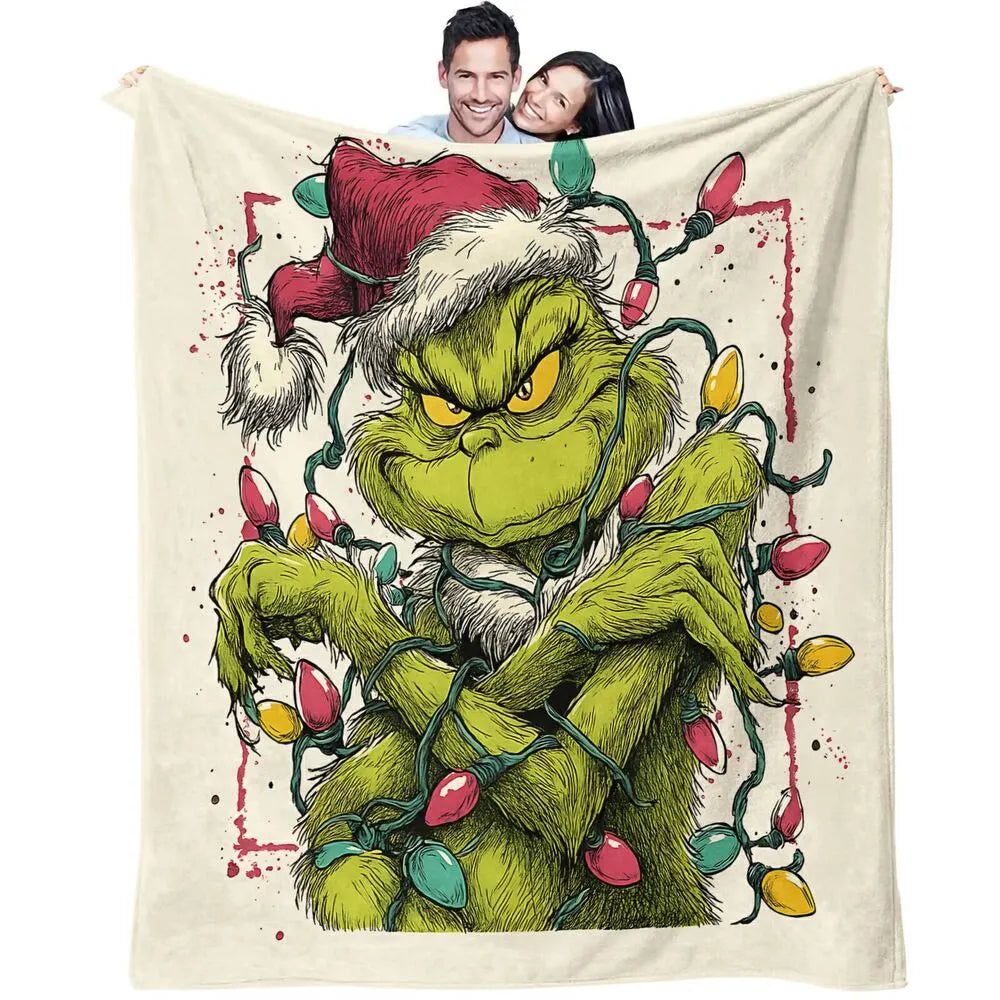 Festive Grinch Christmas Lights Art White Pattern Multipurpose Throw Blanket