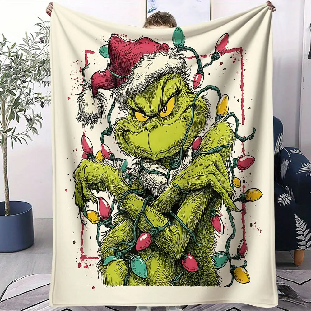 Festive Grinch Christmas Lights Art White Pattern Multipurpose Throw Blanket