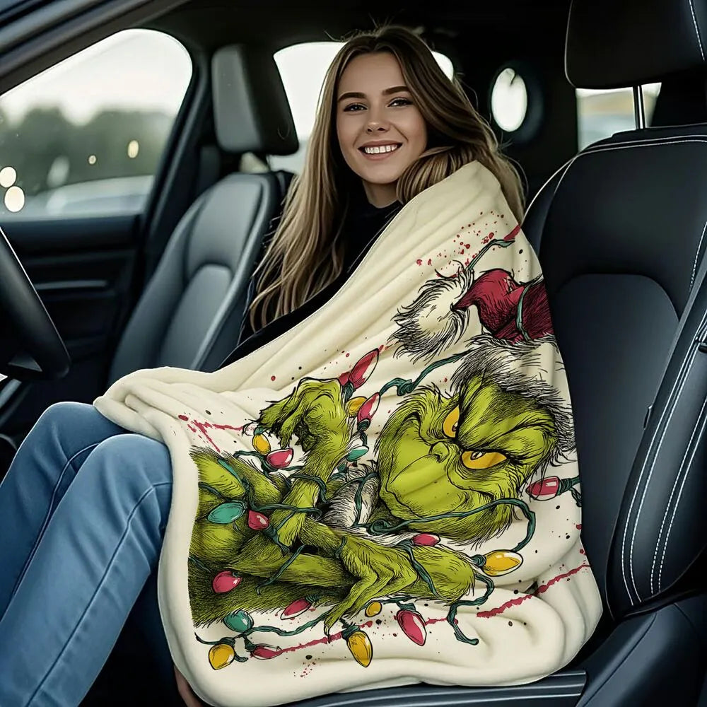 Festive Grinch Christmas Lights Art White Pattern Multipurpose Throw Blanket