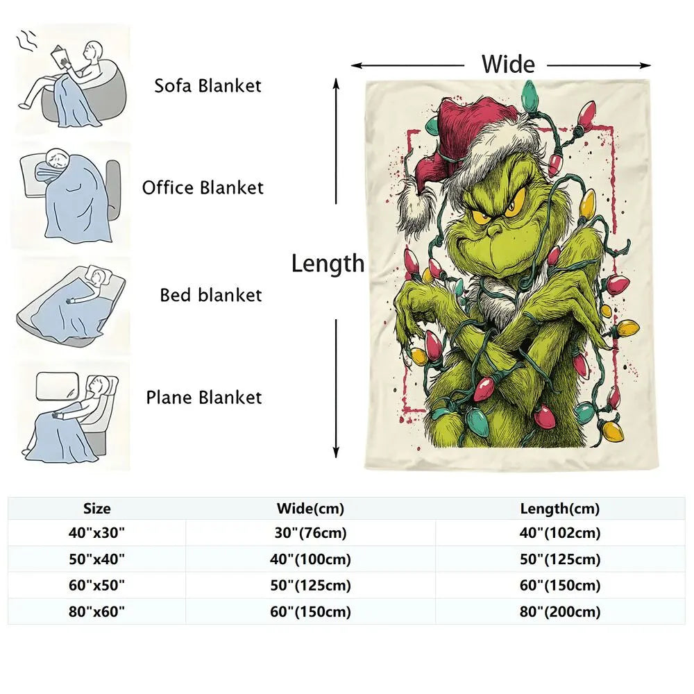 Festive Grinch Christmas Lights Art White Pattern Multipurpose Throw Blanket