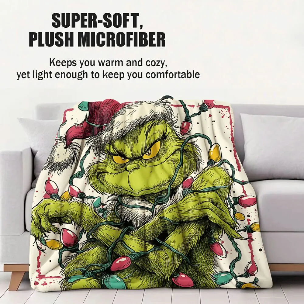 Festive Grinch Christmas Lights Art White Pattern Multipurpose Throw Blanket