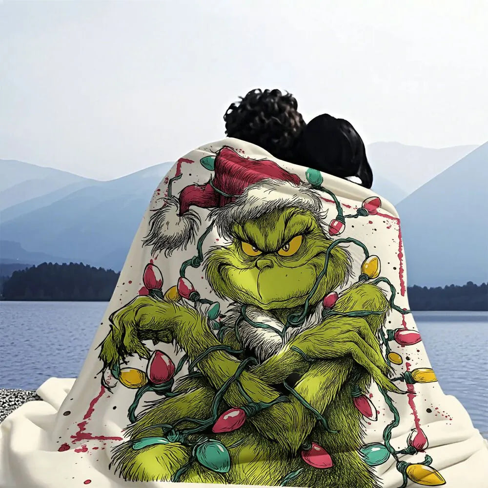 Festive Grinch Christmas Lights Art White Pattern Multipurpose Throw Blanket