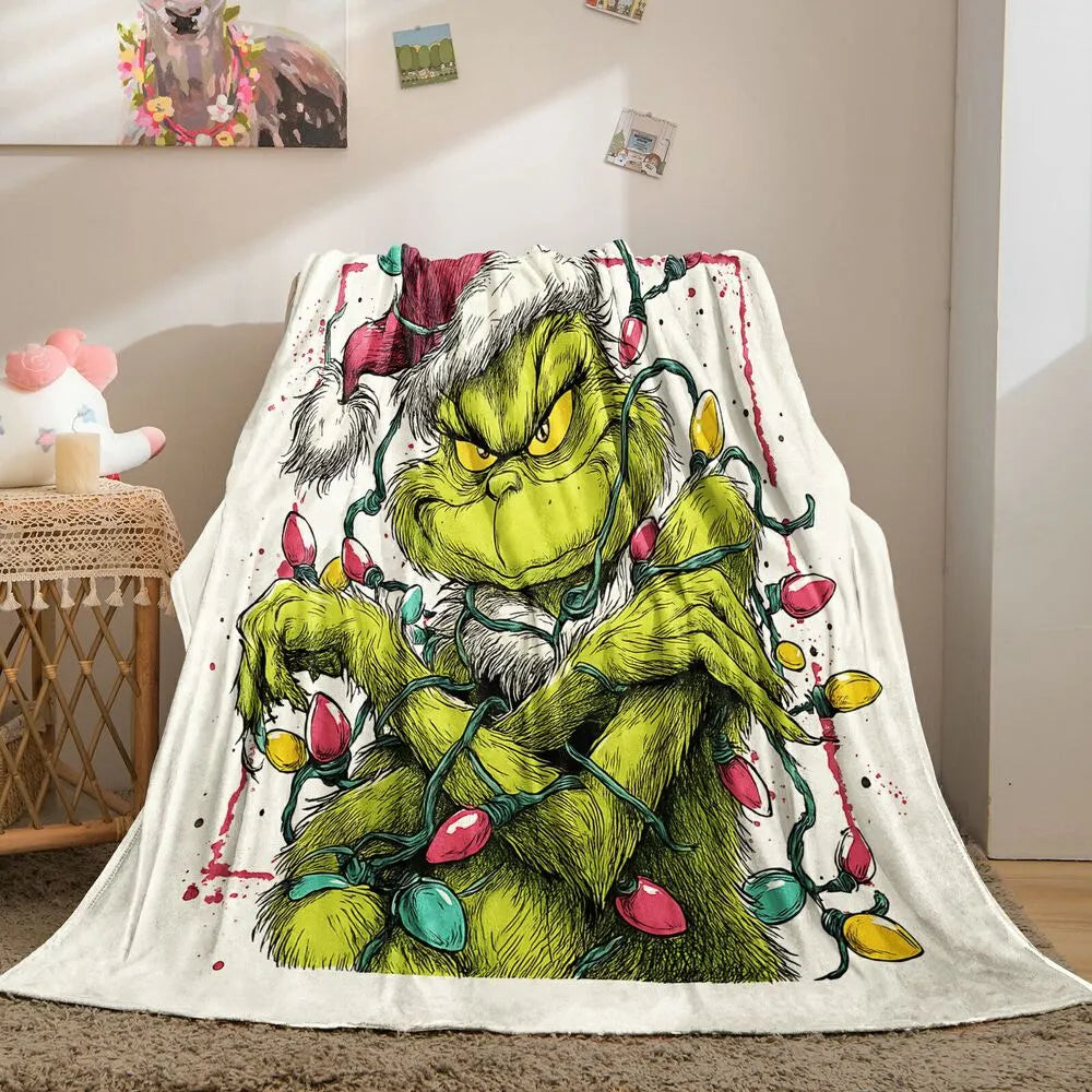 Festive Grinch Christmas Lights Art White Pattern Multipurpose Throw Blanket