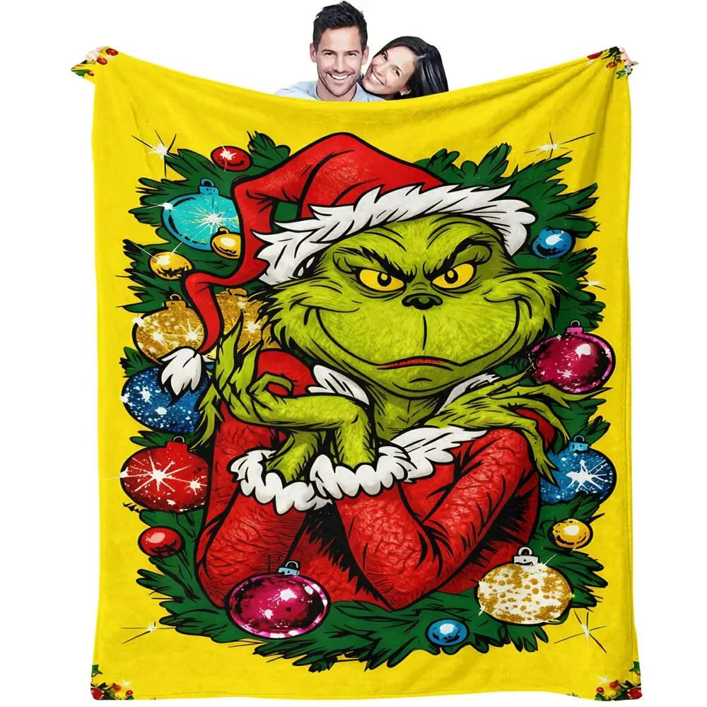Festive Grinch Christmas Ornaments Yellow Pattern Multipurpose Throw Blanket