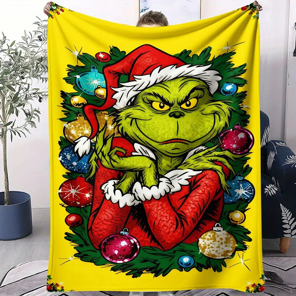 Festive Grinch Christmas Ornaments Yellow Pattern Multipurpose Throw Blanket