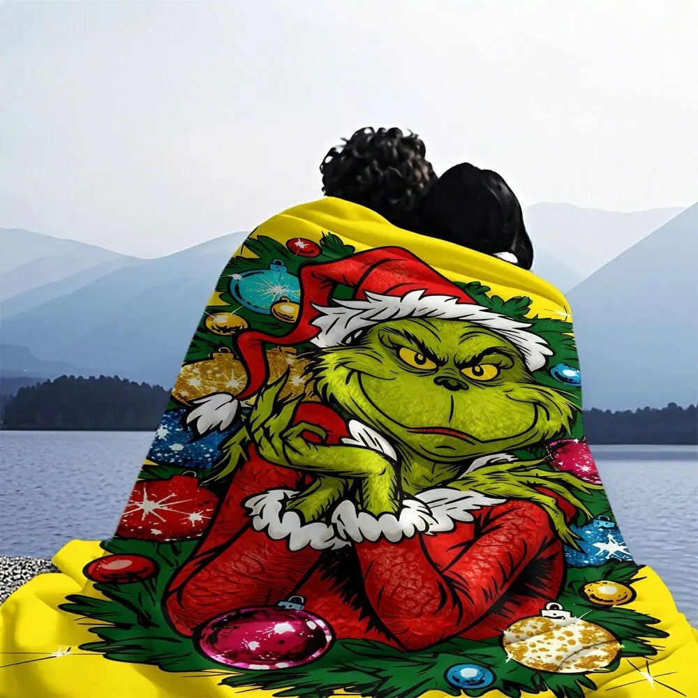 Festive Grinch Christmas Ornaments Yellow Pattern Multipurpose Throw Blanket