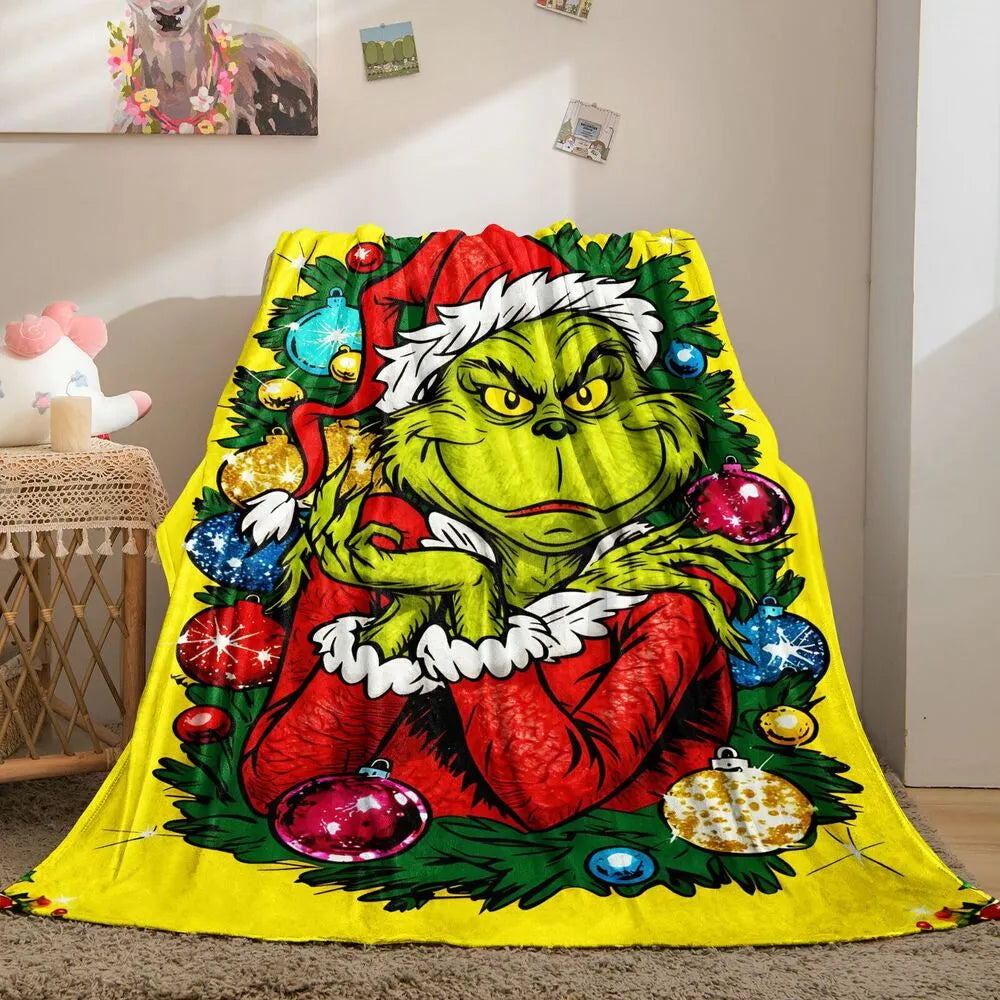Festive Grinch Christmas Ornaments Yellow Pattern Multipurpose Throw Blanket