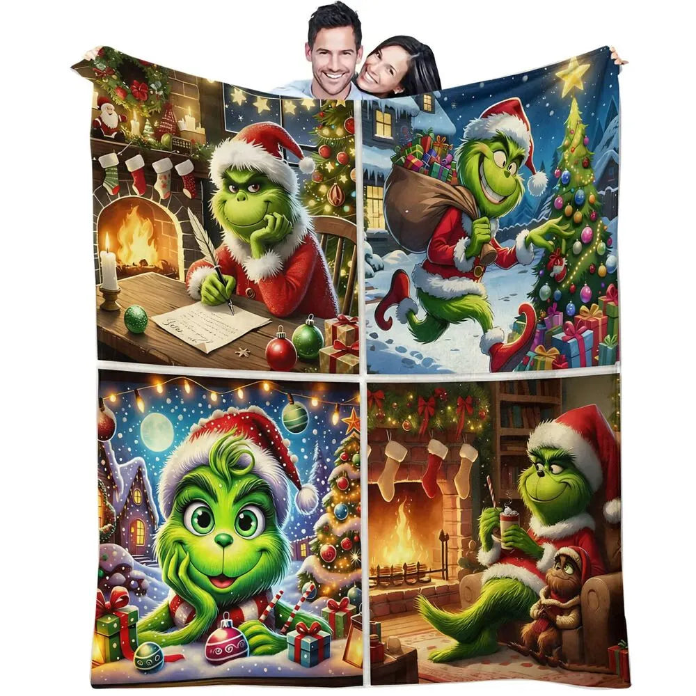 Festive Grinch Christmas Scenes Collage Pattern Multipurpose Throw Blanket