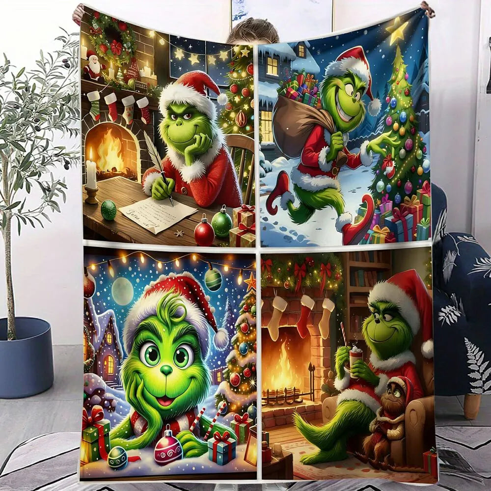 Festive Grinch Christmas Scenes Collage Pattern Multipurpose Throw Blanket