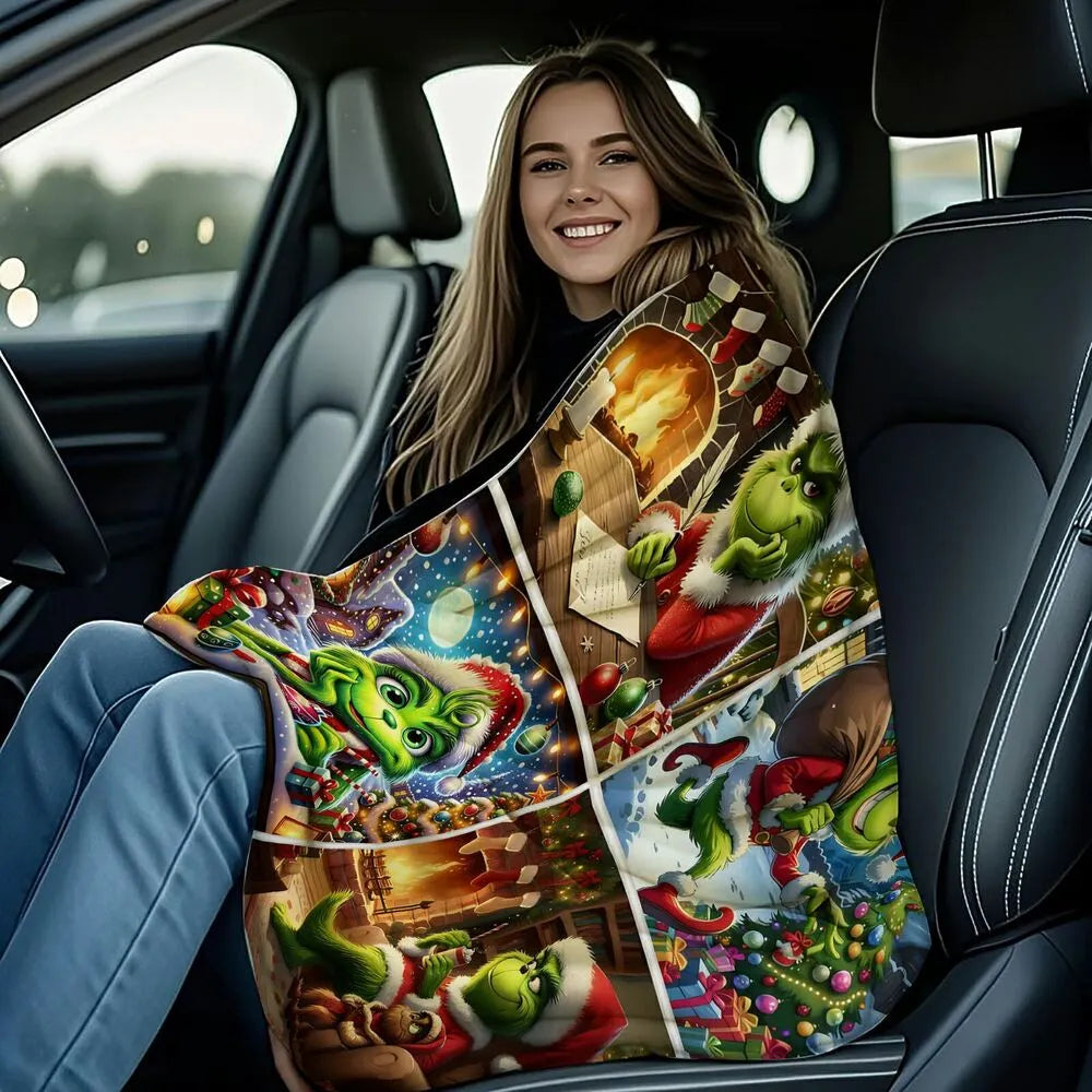 Festive Grinch Christmas Scenes Collage Pattern Multipurpose Throw Blanket