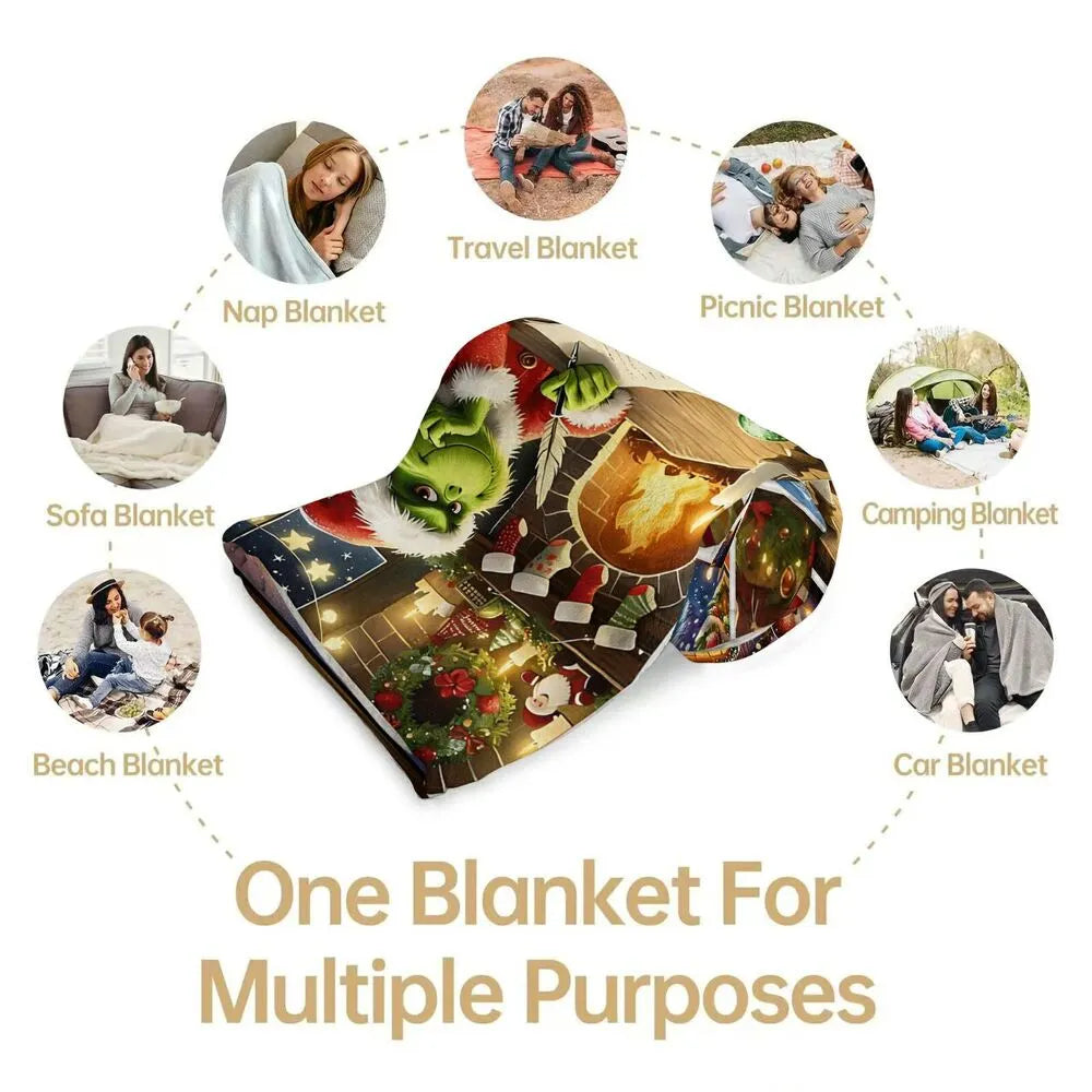 Festive Grinch Christmas Scenes Collage Pattern Multipurpose Throw Blanket