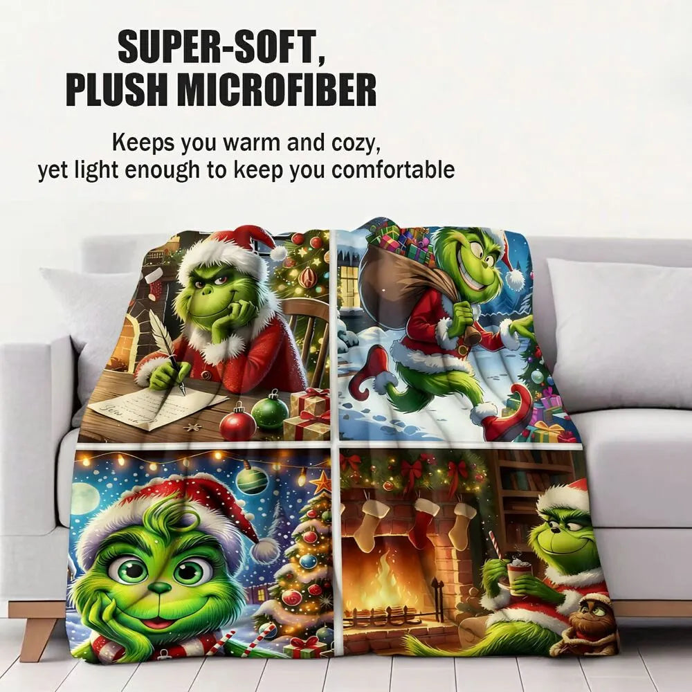 Festive Grinch Christmas Scenes Collage Pattern Multipurpose Throw Blanket