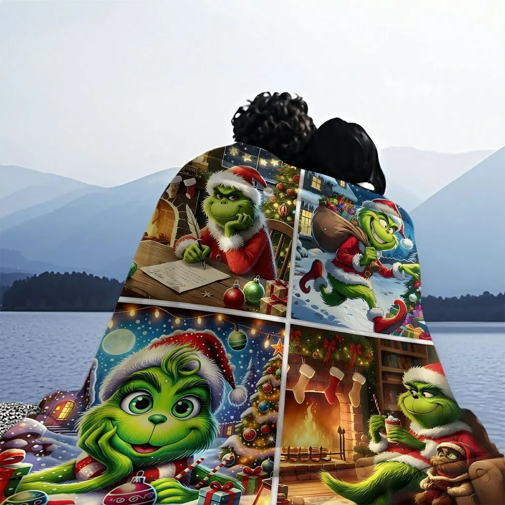 Festive Grinch Christmas Scenes Collage Pattern Multipurpose Throw Blanket