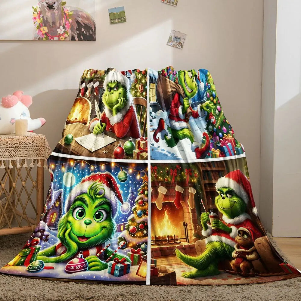 Festive Grinch Christmas Scenes Collage Pattern Multipurpose Throw Blanket