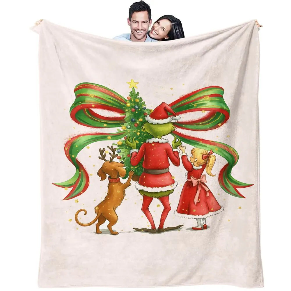 Festive Grinch Christmas Tree Decorating White Pattern Multipurpose Throw Blanket