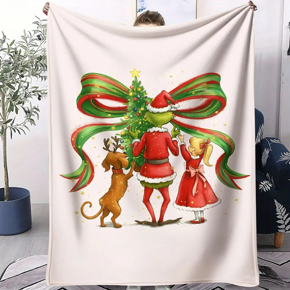 Festive Grinch Christmas Tree Decorating White Pattern Multipurpose Throw Blanket
