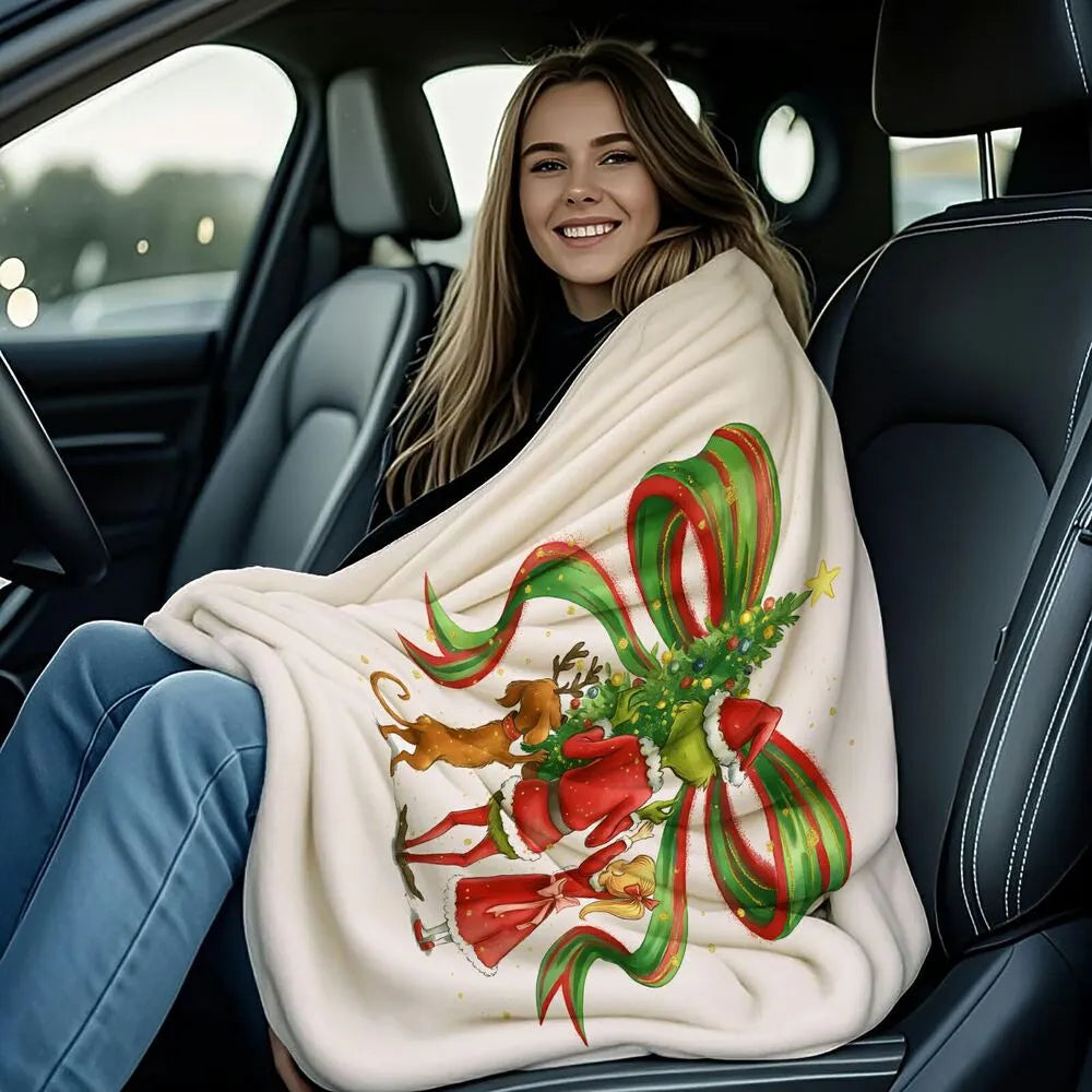 Festive Grinch Christmas Tree Decorating White Pattern Multipurpose Throw Blanket