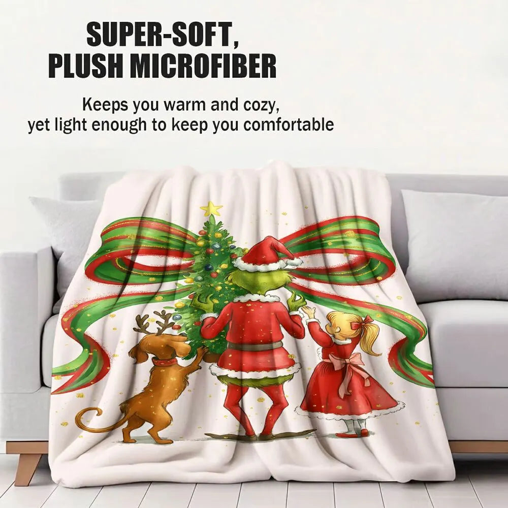 Festive Grinch Christmas Tree Decorating White Pattern Multipurpose Throw Blanket