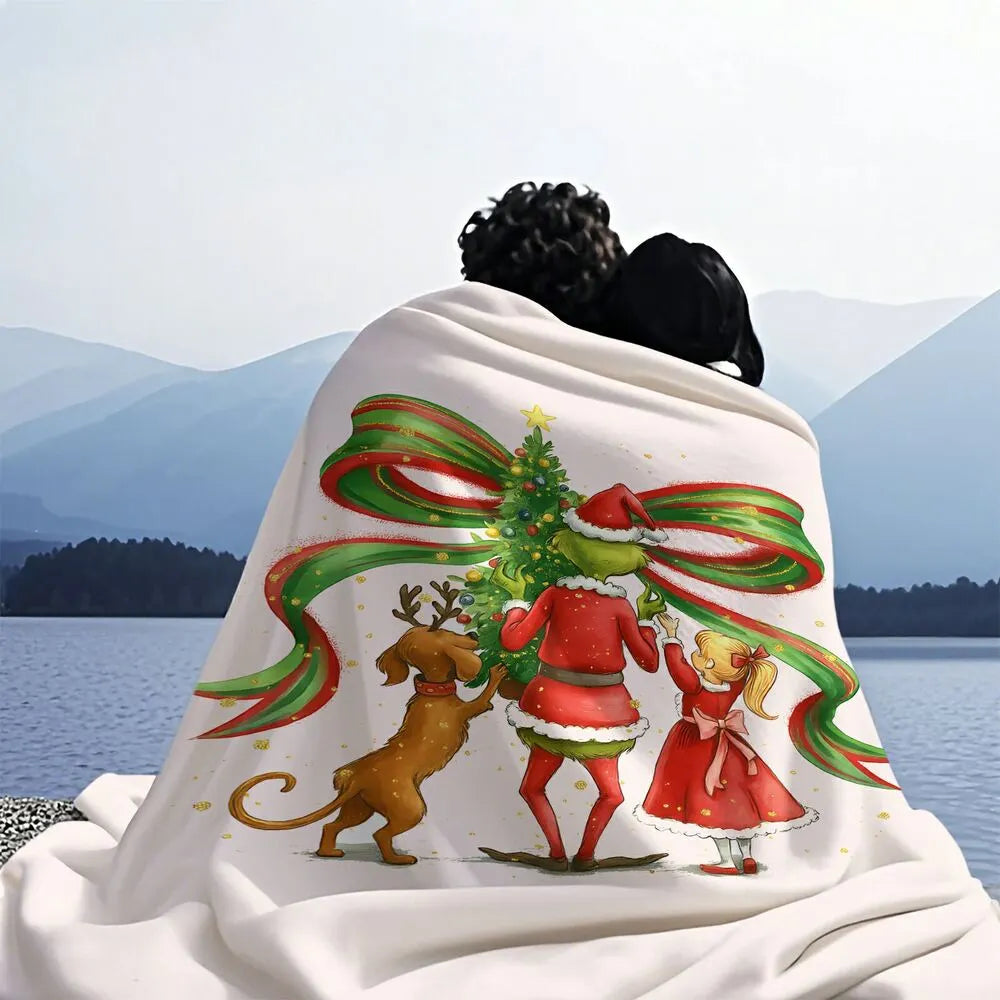 Festive Grinch Christmas Tree Decorating White Pattern Multipurpose Throw Blanket